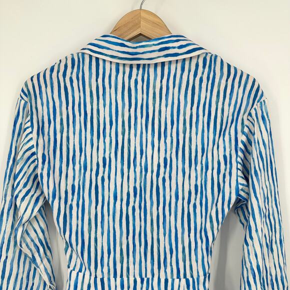ZARA Striped Knot Cut Out Mini Dress Linen Blend Long Sleeve Blue/ White NWT - Picture 10 of 14